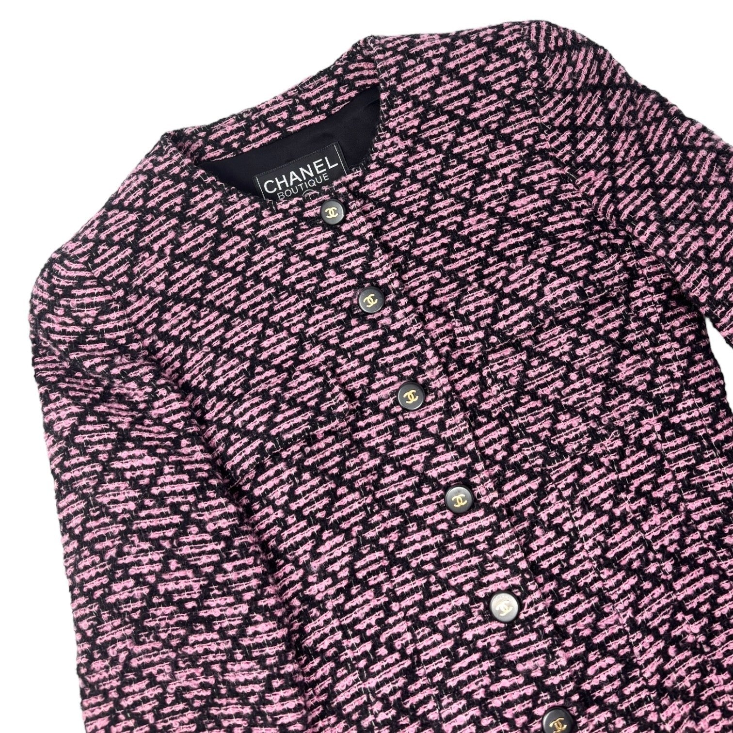 CHANEL Vintage 95A CC Logo Tweed Jacket #38 Pink Black Button Cotton Pocket