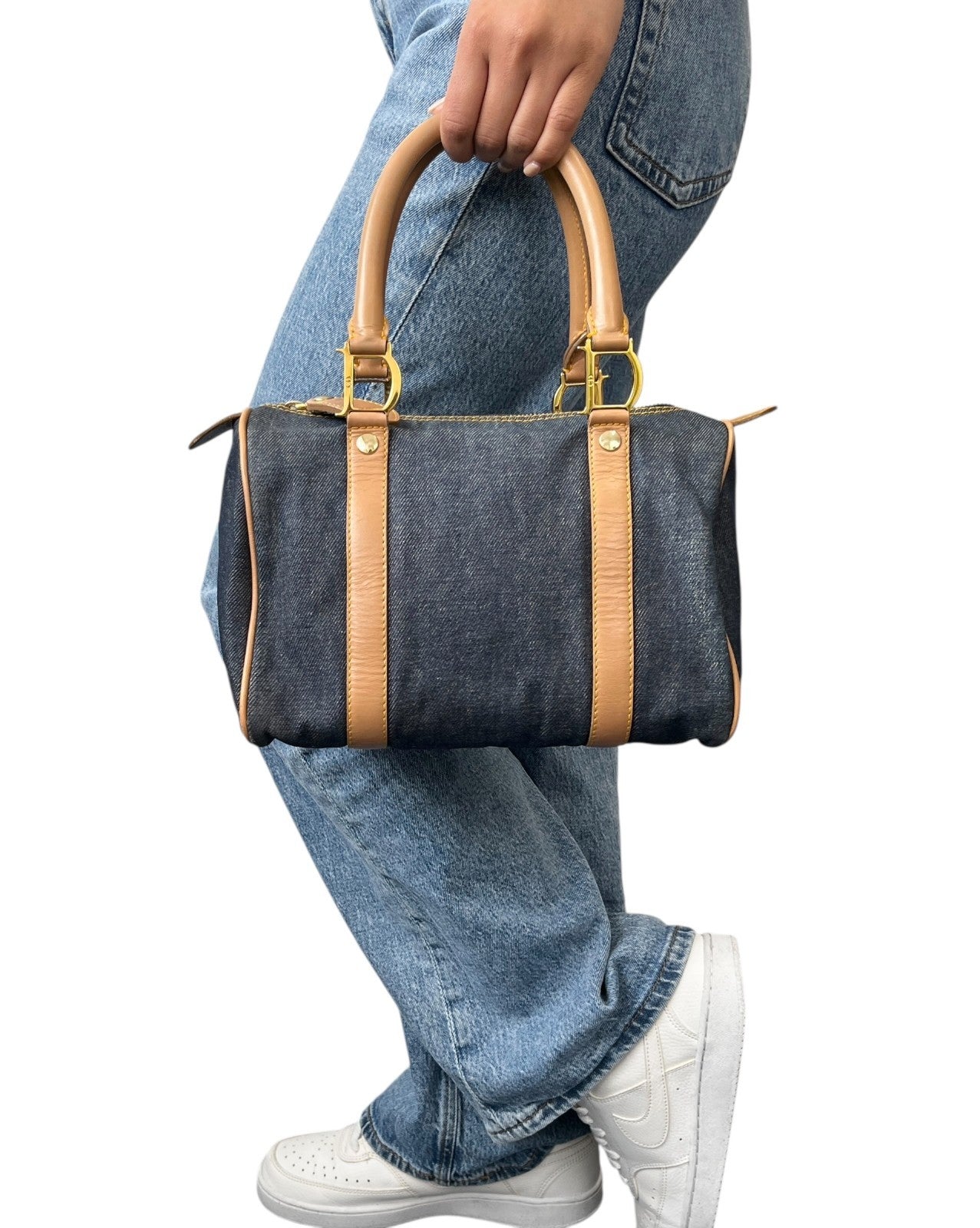 Christian Dior Vintage 2002 D Charm Denim Mini Boston Bag Blue Beige Gold 902586