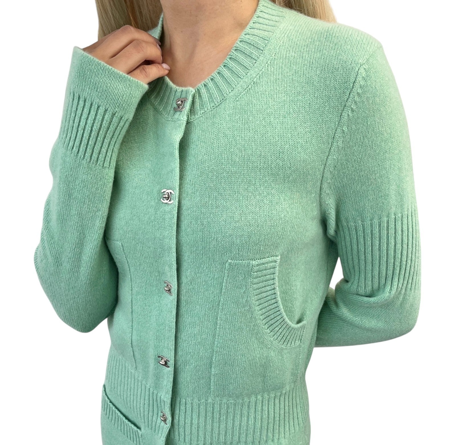 CHANEL Vintage P52425 CC Turnlock Logo Knit Cardigan Dress #38 Cashmere Green