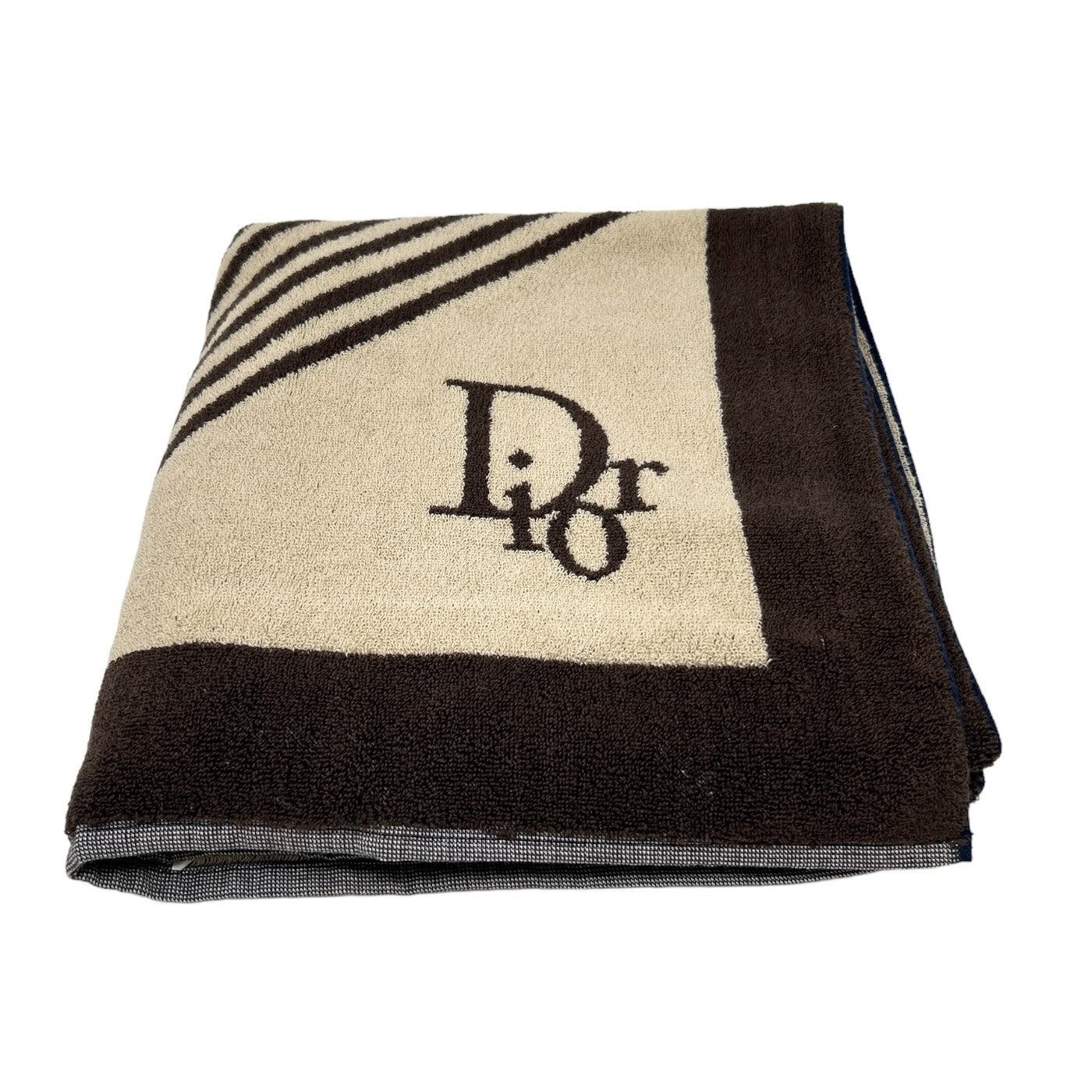 Christian Dior Vintage Logo Beach Towel Terry Cloth Brown Beige Cotton RankAB