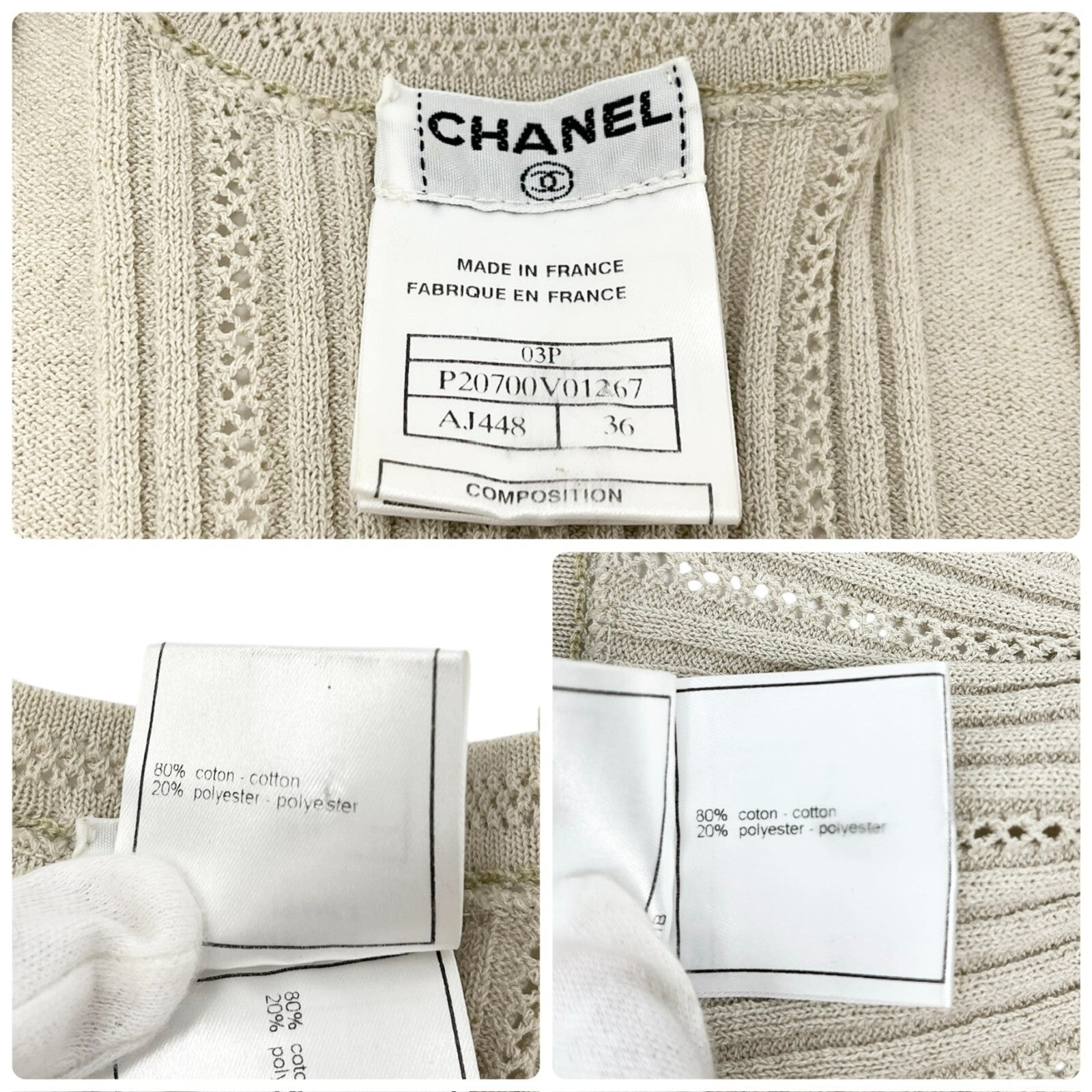 CHANEL Vintage 03P CC Mark Logo Knit T-shirt Top #36 Beige Cotton Polyester