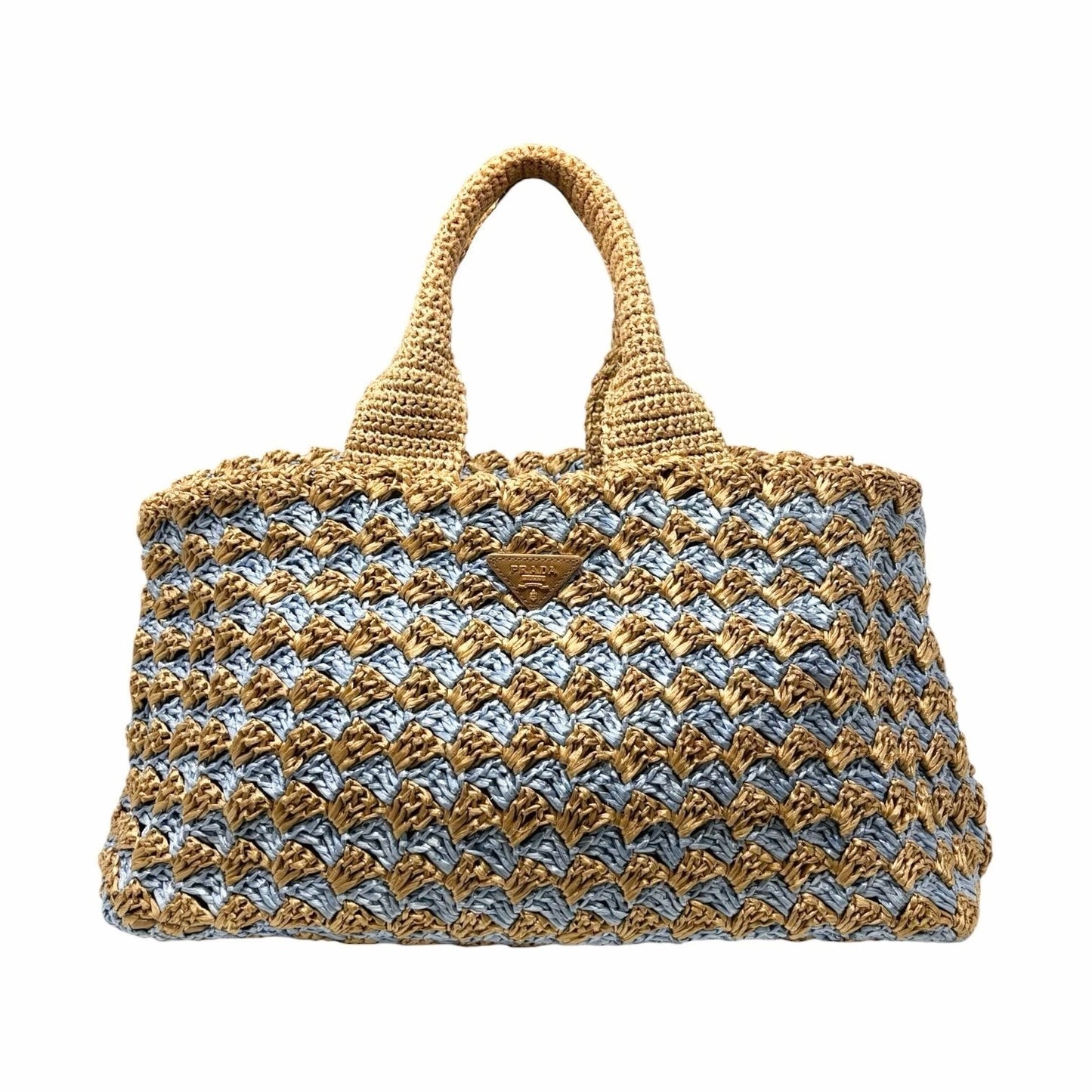 PRADA Vintage Triangle Logo Raffia Canapa Tote Bag Beige Blue Crochet 902055