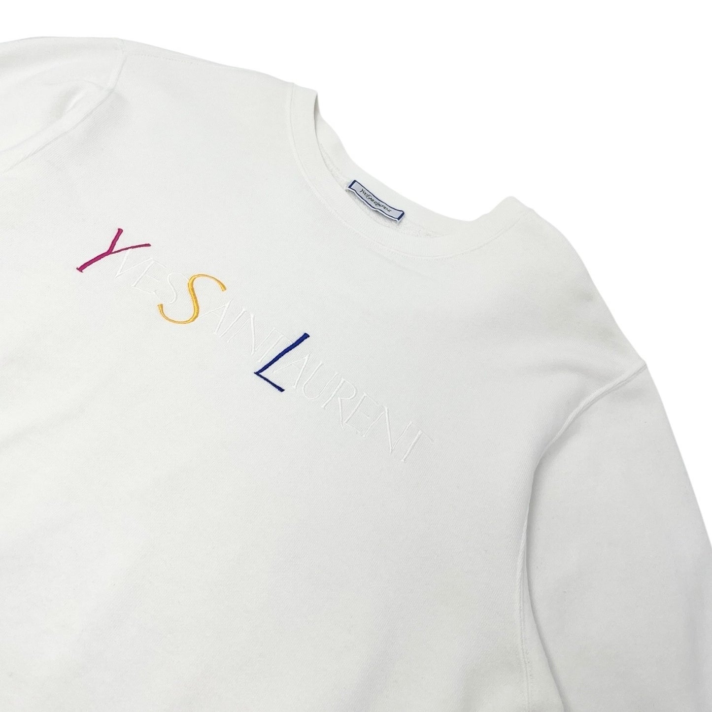Yves Saint Laurent Vintage YSL Logo Sweatshirt Top #M White Cotton Long Sleeve