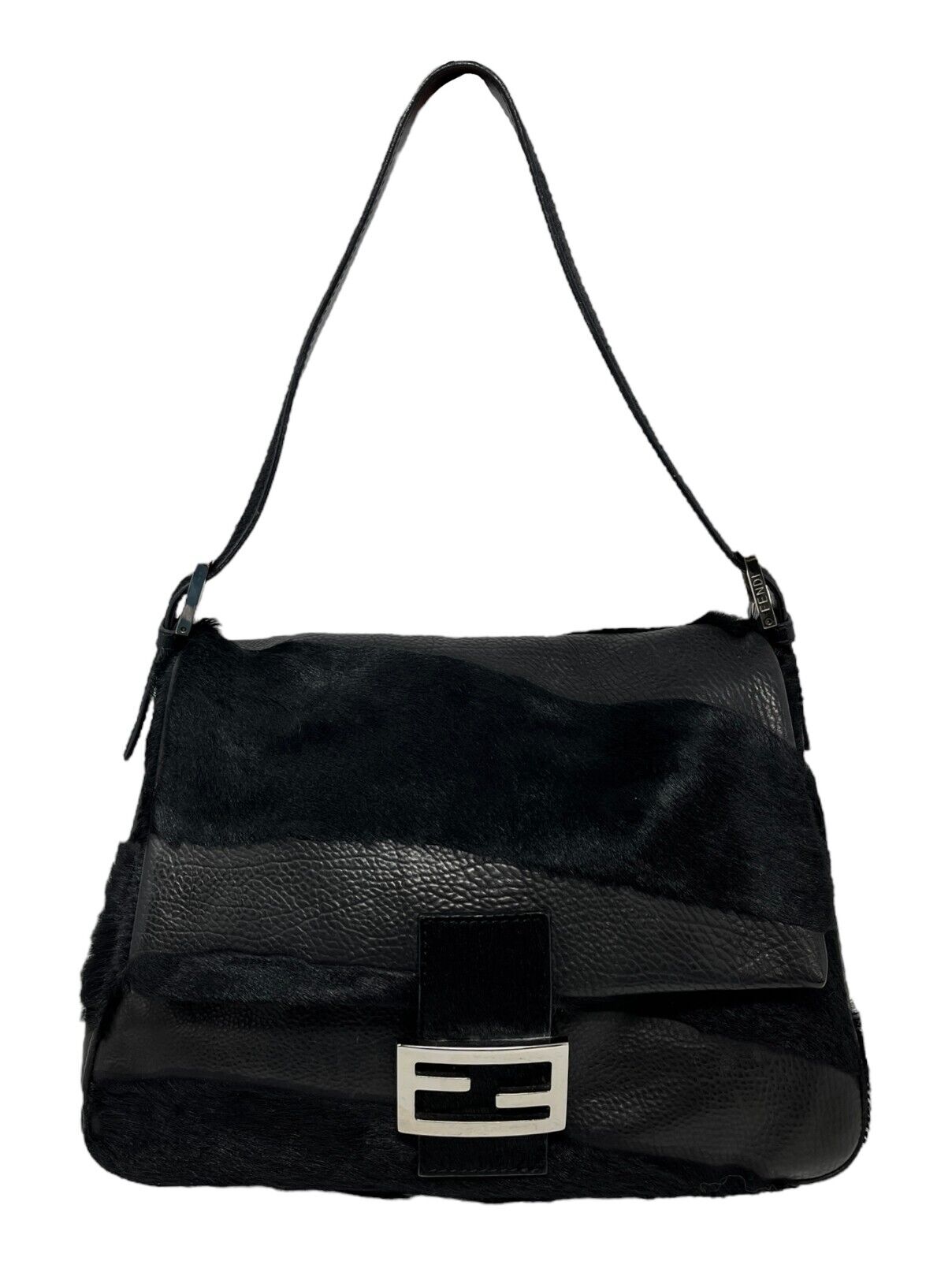 FENDI Vintage Logo Mamma Baguette Shoulder Bag Black Calf Hair Leather RankAB