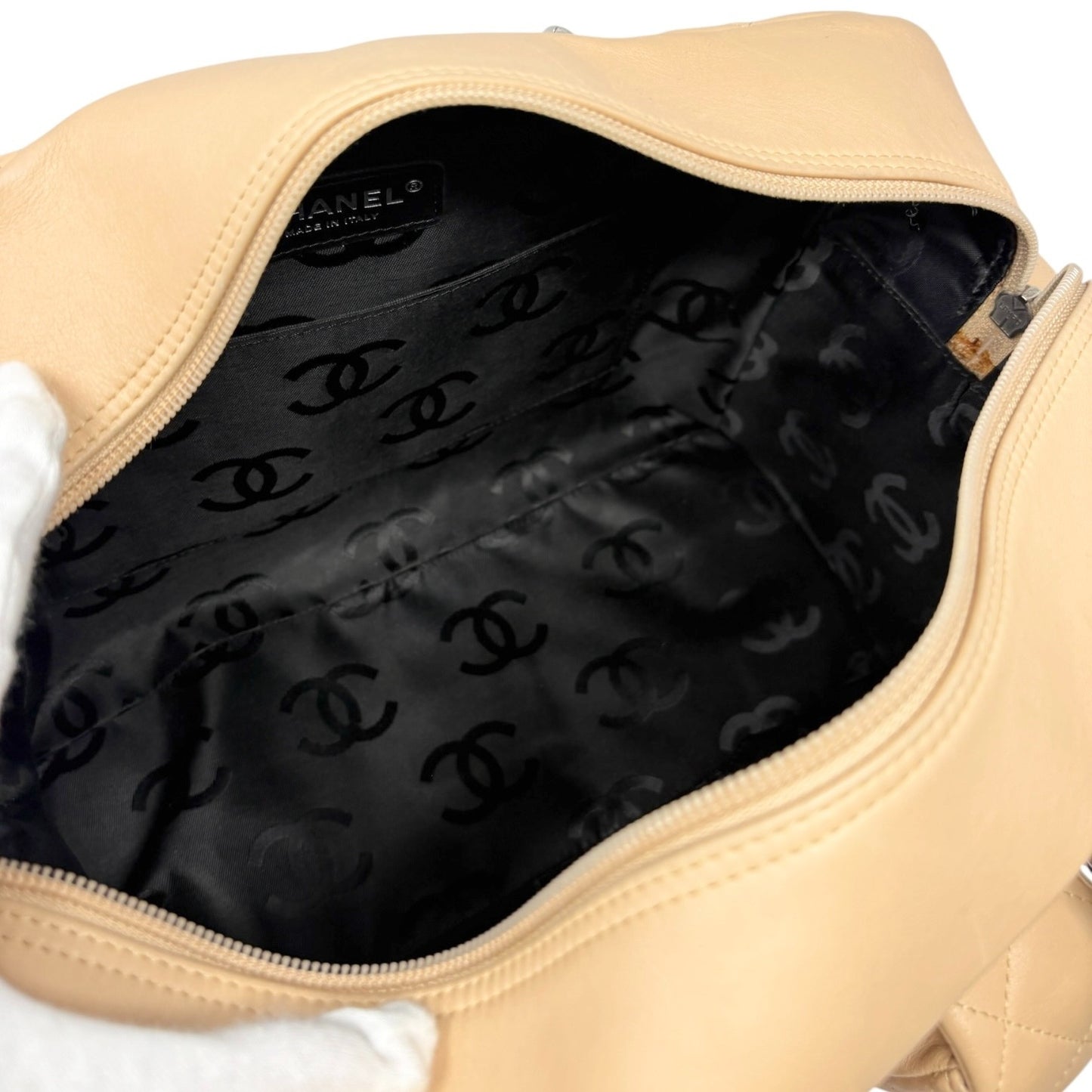 CHANEL Vintage Cambon Line CC Logo Quilted Shoulder Bag Beige Black Leather