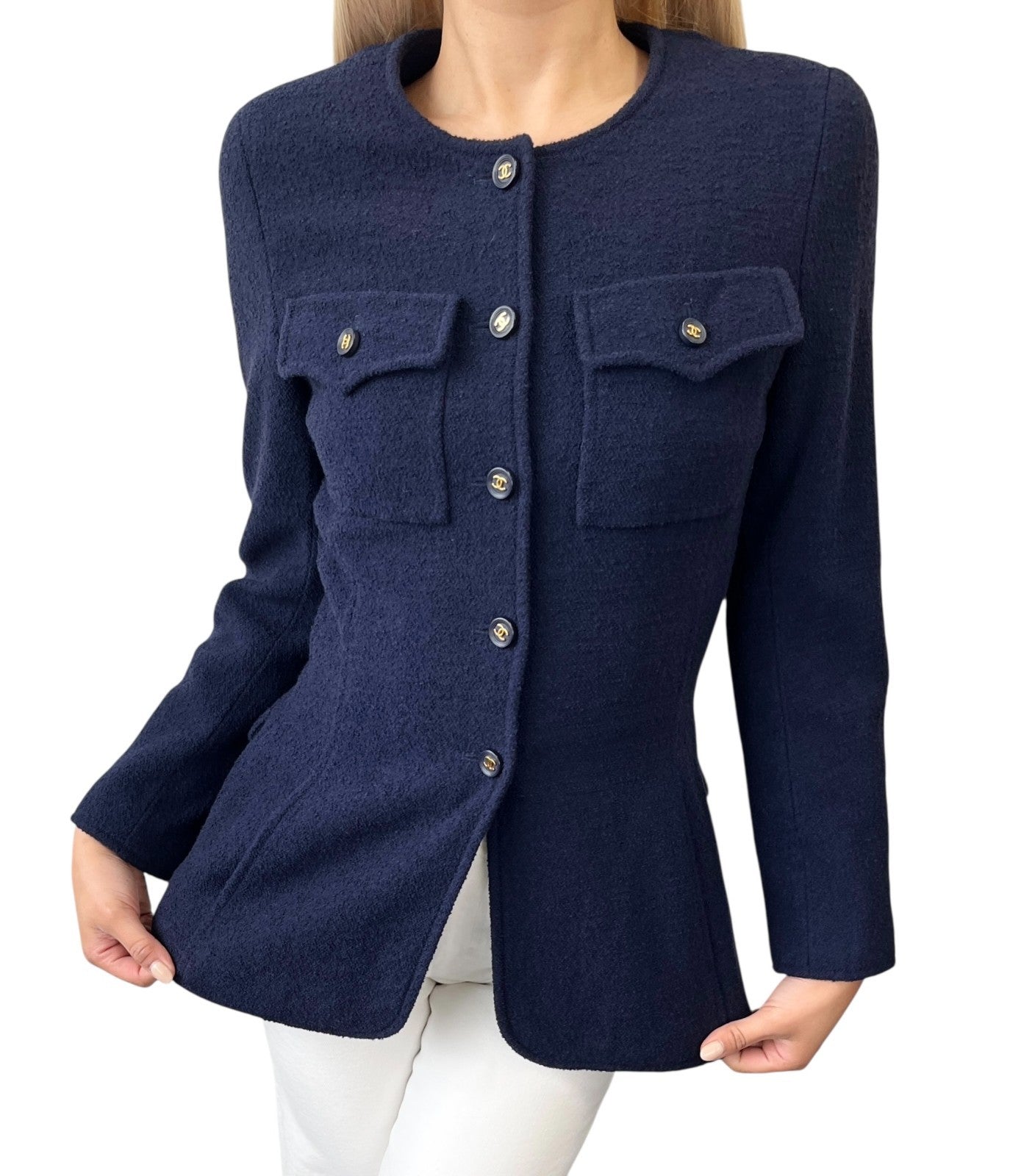 CHANEL Vintage 95A CC Logo Gold Button Collarless Jacket #36 Dark Blue Wool