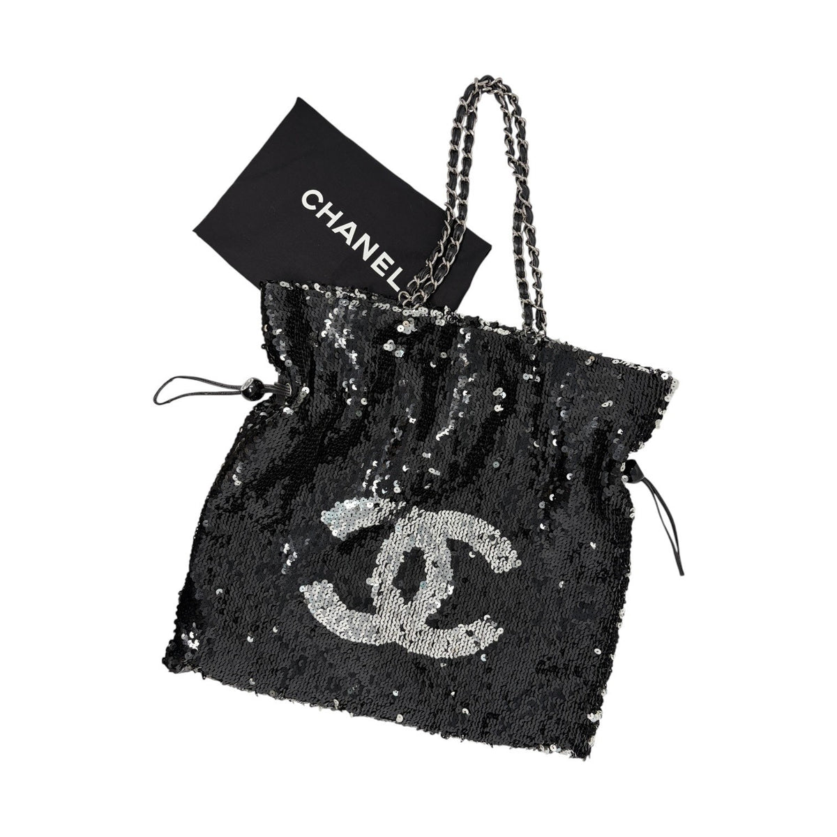 CHANEL Vintage CC Logo Sequins Chain Shoulder Bag Black Silver Leather 902476