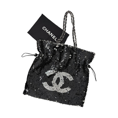 CHANEL Vintage CC Logo Sequins Chain Shoulder Bag Black Silver Leather 902476