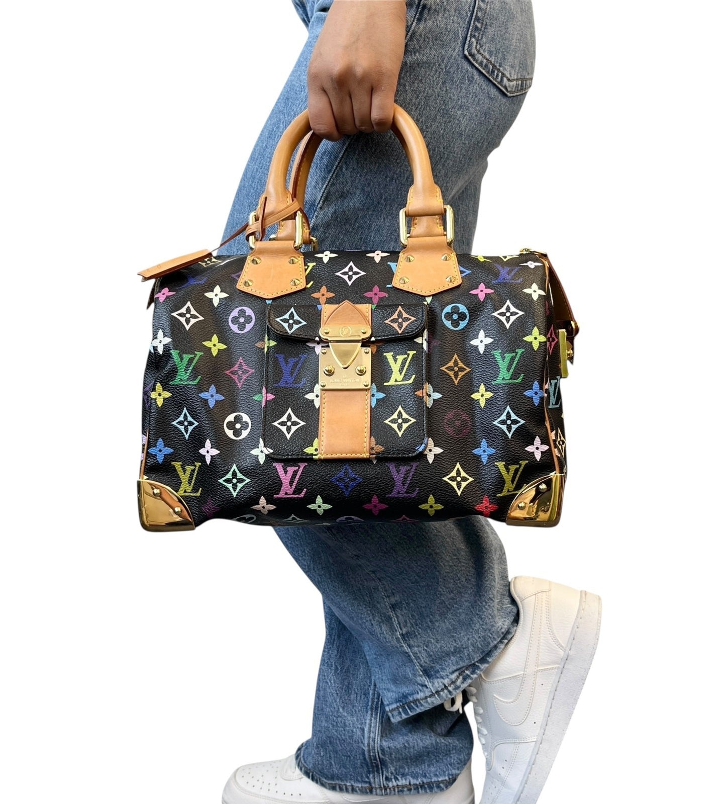 LOUIS VUITTON Vintage Monogram Multicolor Speedy 30 Handbag Black Camel Leather
