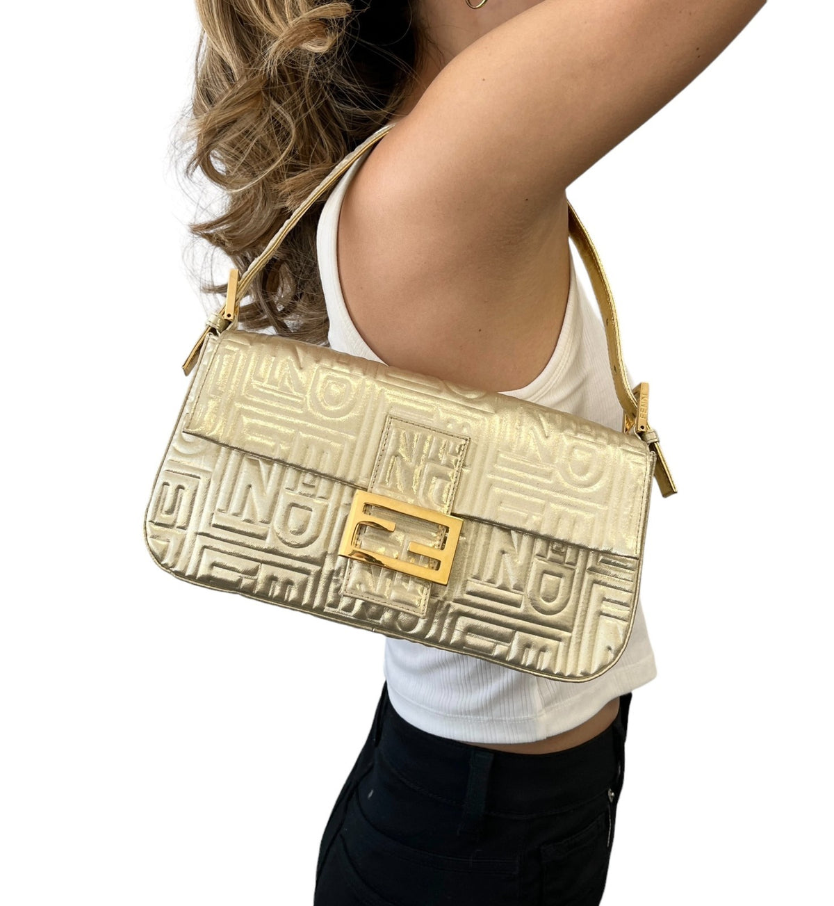 FENDI Vintage FF Logo Embossed Mamma Baguette Shoulder Bag Gold Nylon 902315