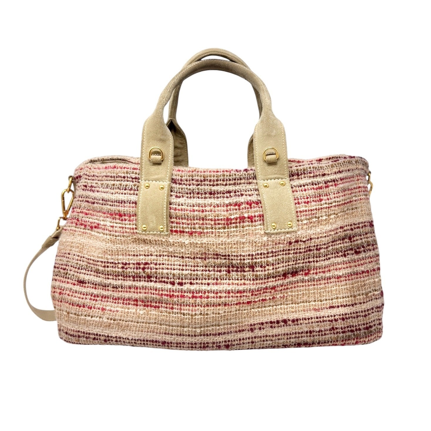 PRADA Vintage Logo Tweed 2way Tote Bag Crossbody Pink Cream Gold Wool Suede