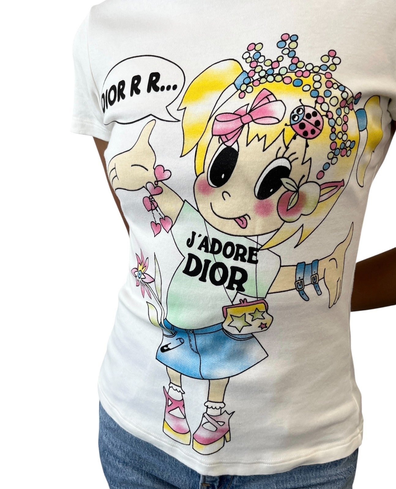 Christian Dior Vintage 2005 J'ADORE Cartoon T-shirt Top #40 White Multicolor