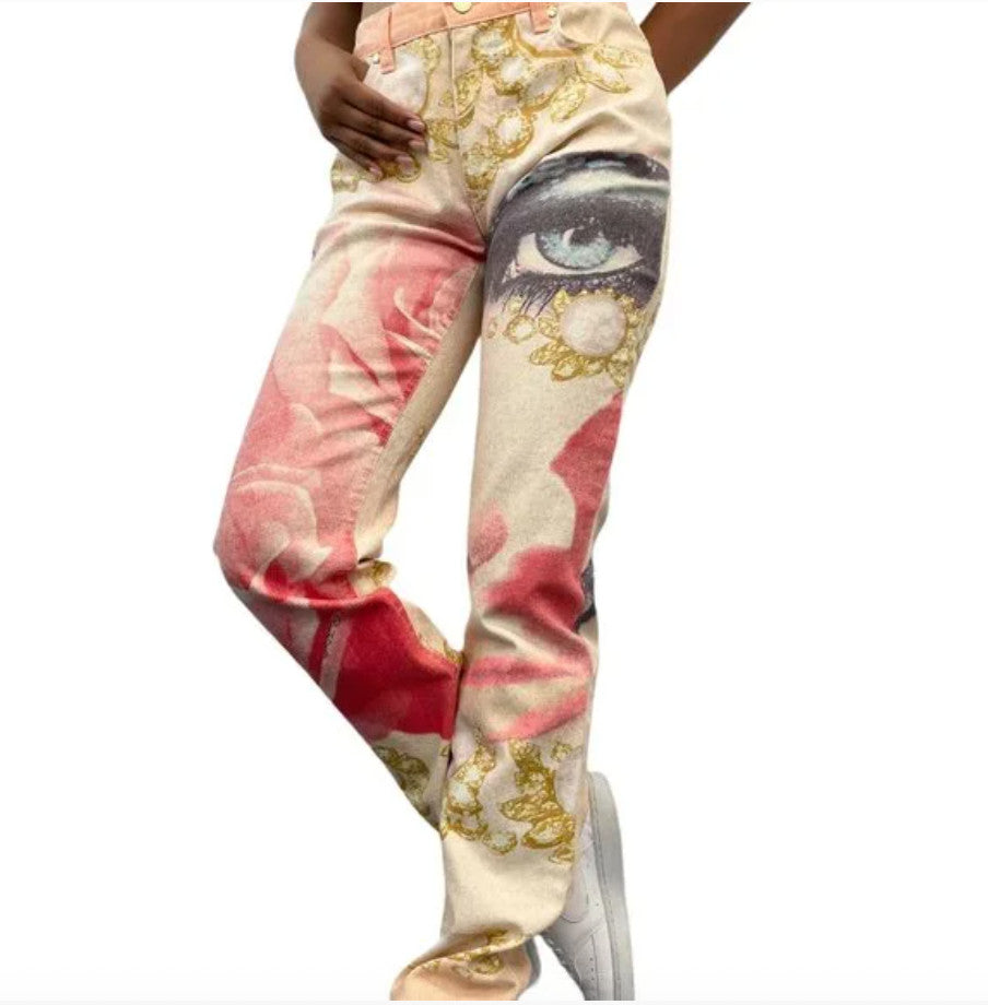 Roberto Cavalli Vintage Logo Jewel Print Pants #XS Glitter Orange Gold Cotton