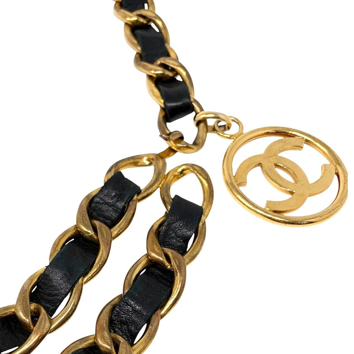CHANEL Vintage CC Mark Logo Chain Belt Accessory Gold Black Leather Metal 902003