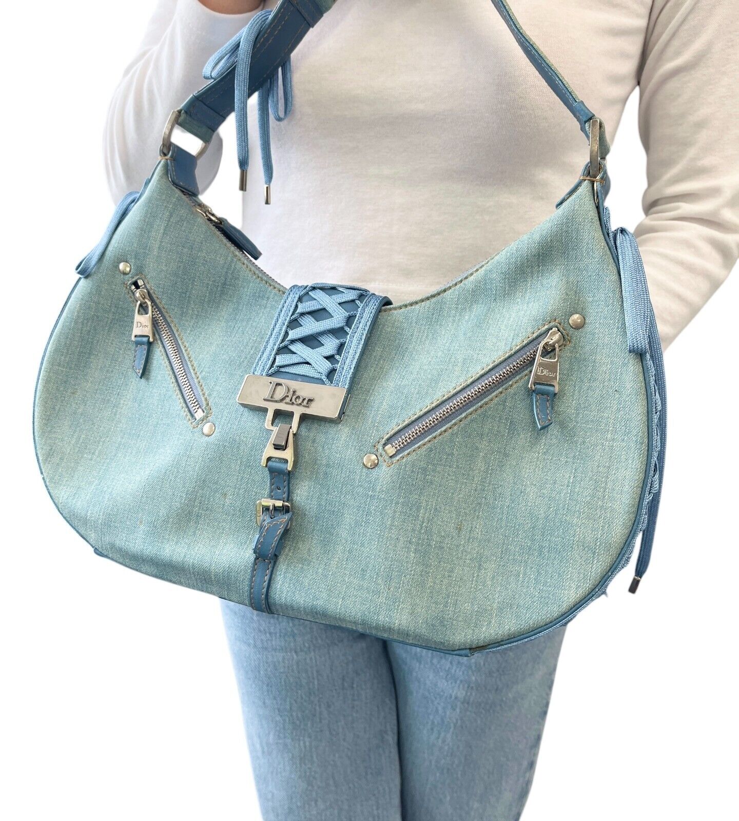 Christian Dior Vintage 2002 Admit It Denim Shoulder Bag Blue Silver Cotton