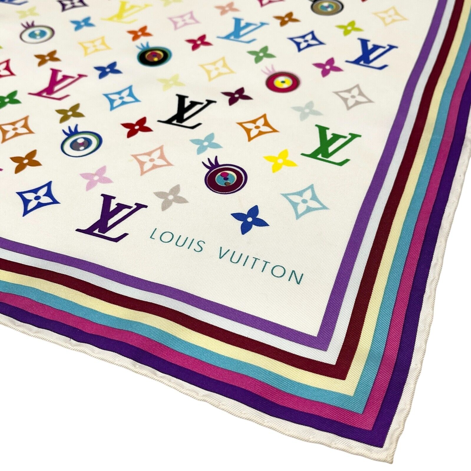 LOUIS VUITTON Vintage LV Multicolor Monogram Logo Scarf Wrap Shawl Craem