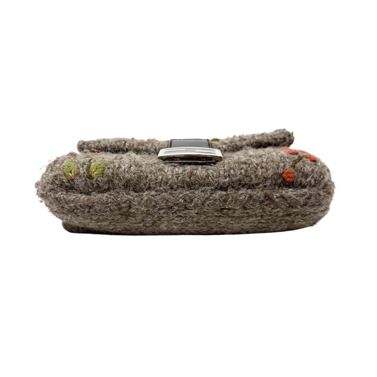 FENDI Vintage FF Mamma Baguette Wool Knit Shoulder Bag Gray Brown Flower