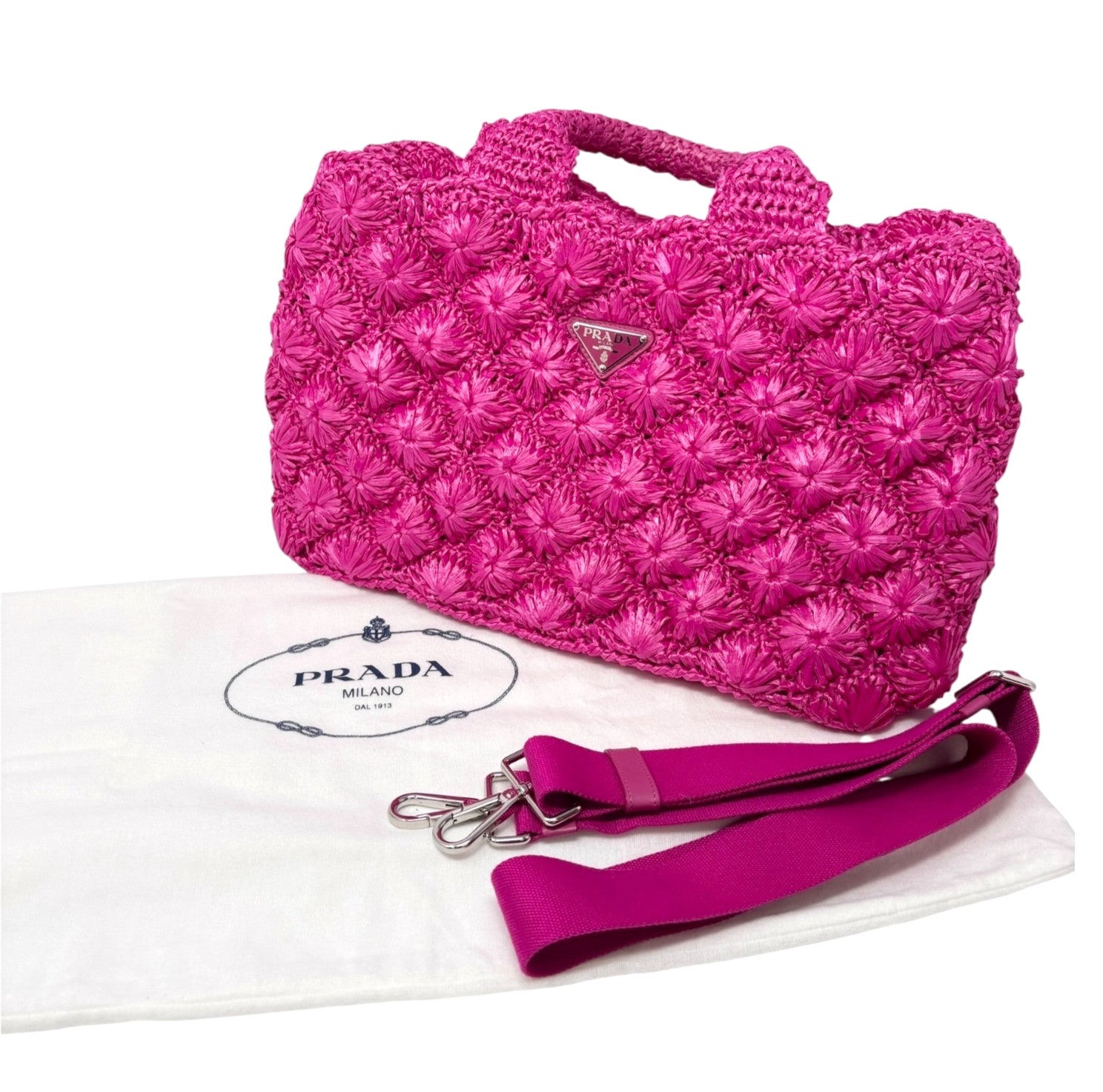 PRADA Vintage Triangle Logo Canapa Tote Bag Handbag Pink Raffia