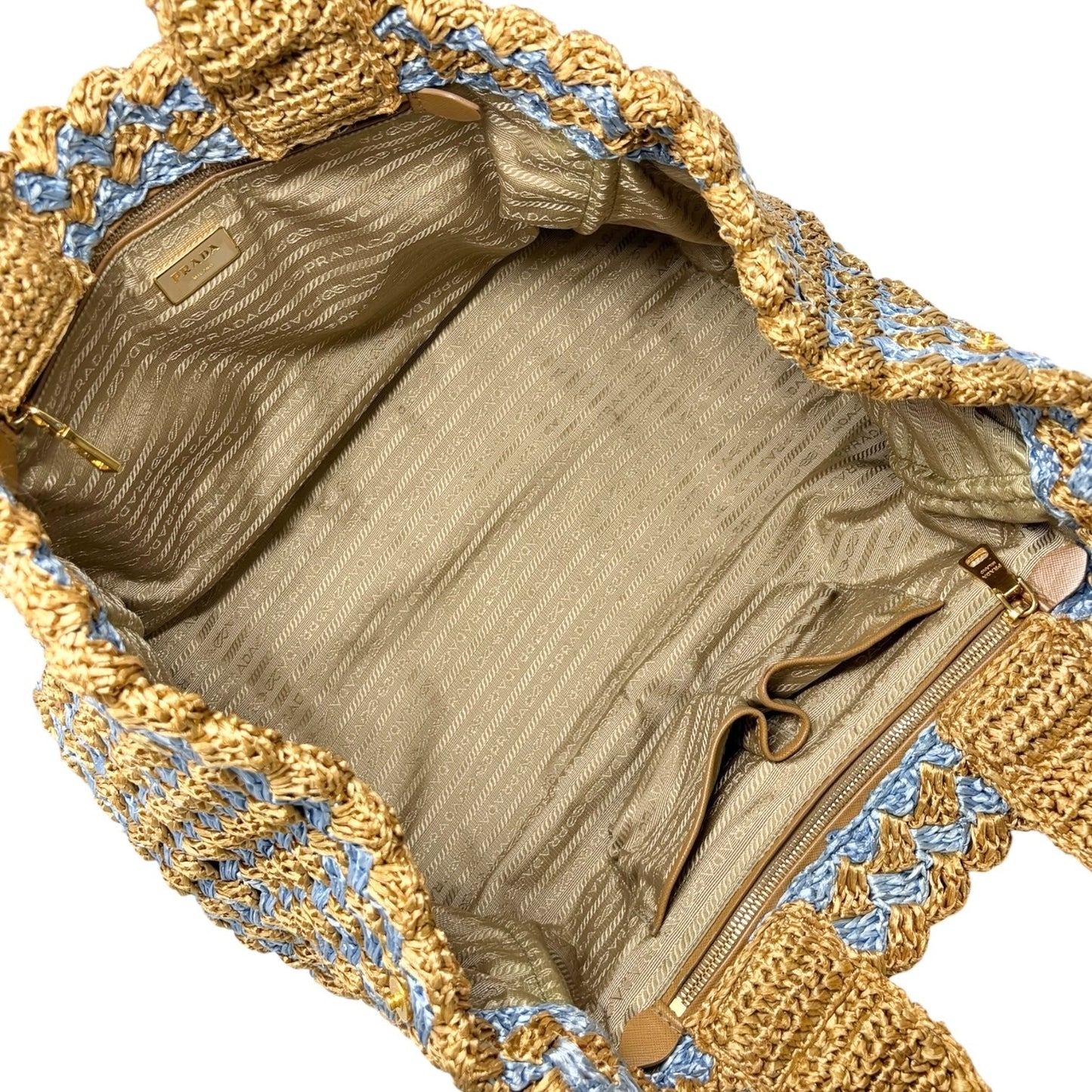 PRADA Vintage Triangle Logo Raffia Canapa Tote Bag Beige Blue Crochet 902055