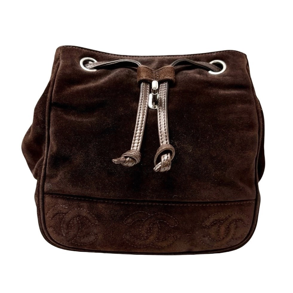 CHANEL Vintage CC Mark Logo Turn Lock Backpack Stitch Brown Silver Suede