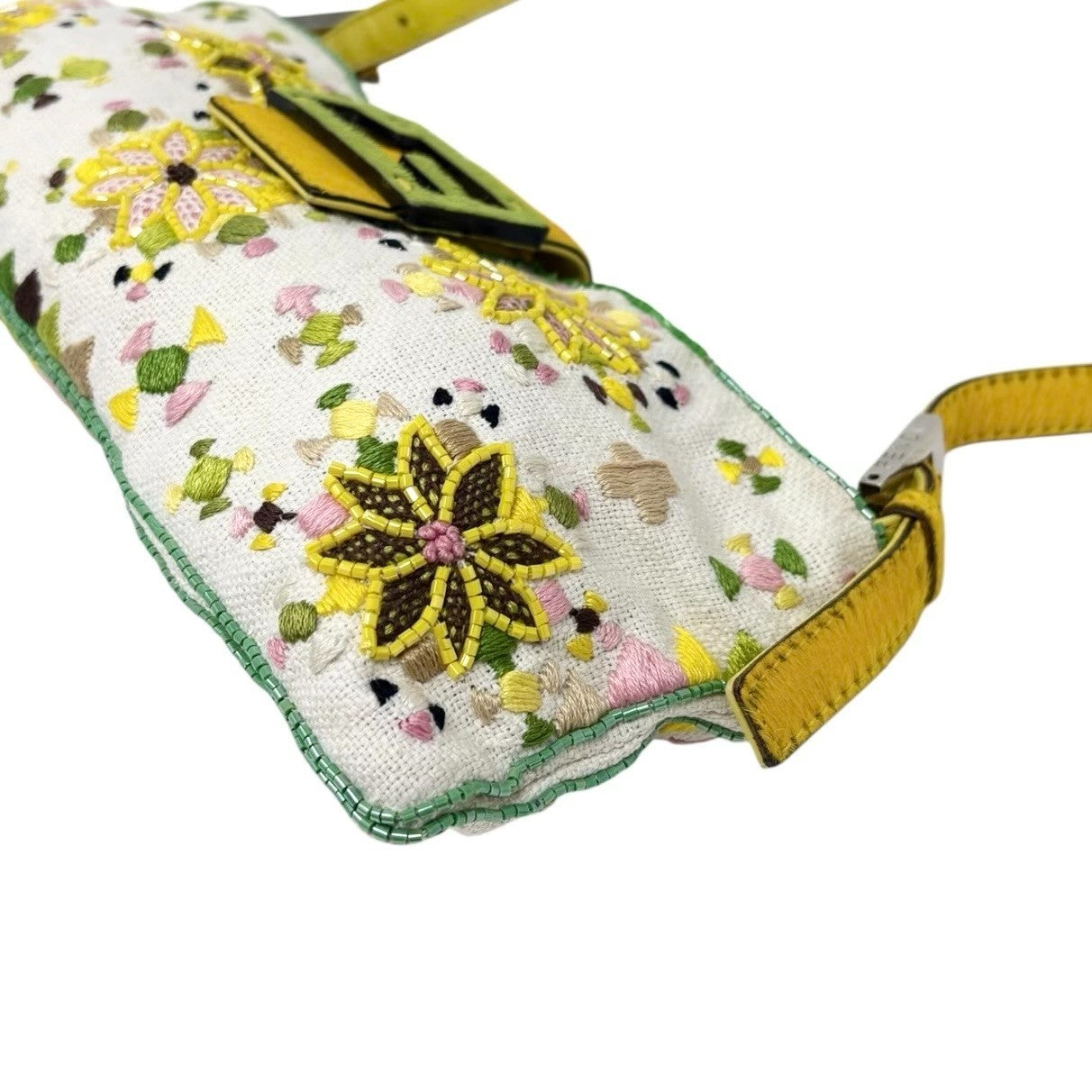 FENDI Vintage FF Beads Mamma Baguette Crossbody Bag Flower Embroidery Yellow