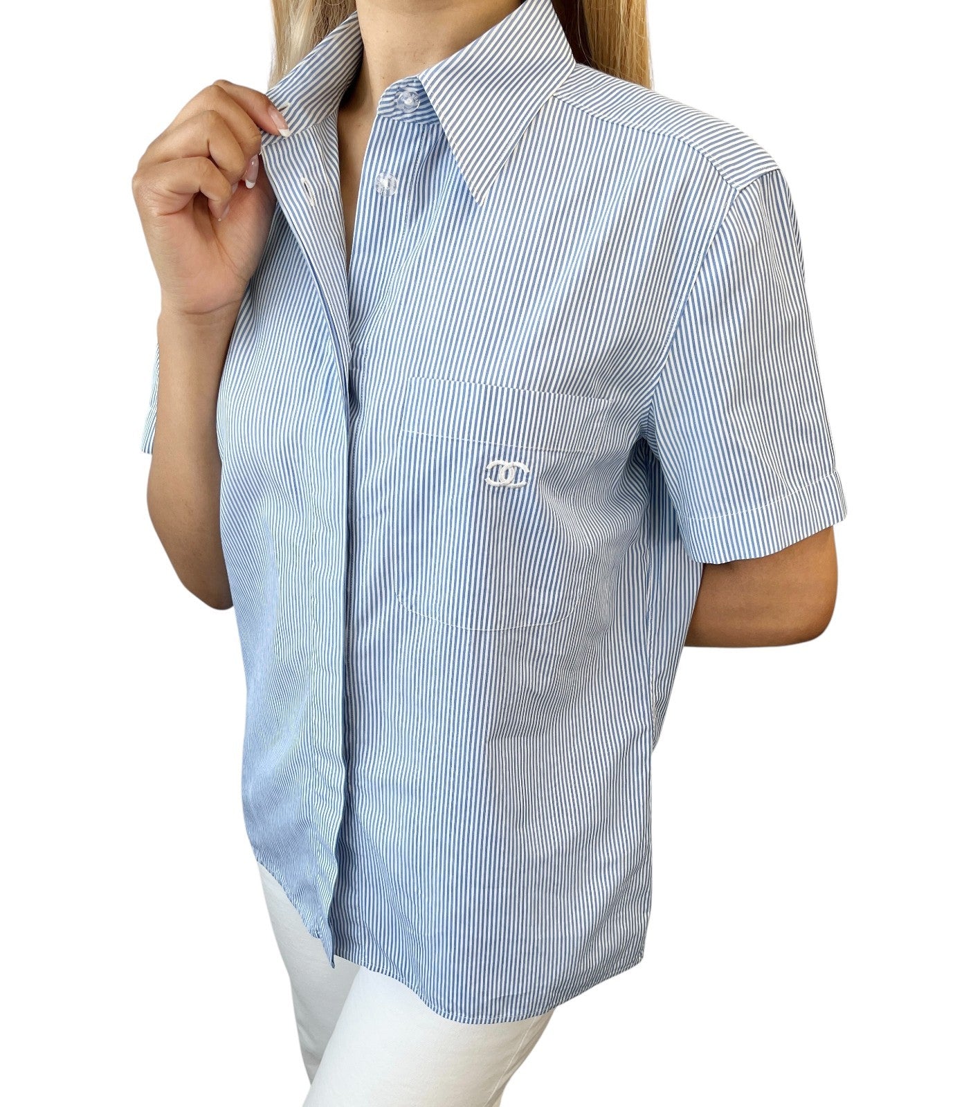 CHANEL Vintage 99P CC Logo Shirt Top #40 Button Up Stripe Blue Short Sleeve