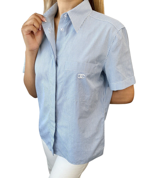 CHANEL Vintage 99P CC Logo Shirt Top #40 Button Up Stripe Blue Short Sleeve