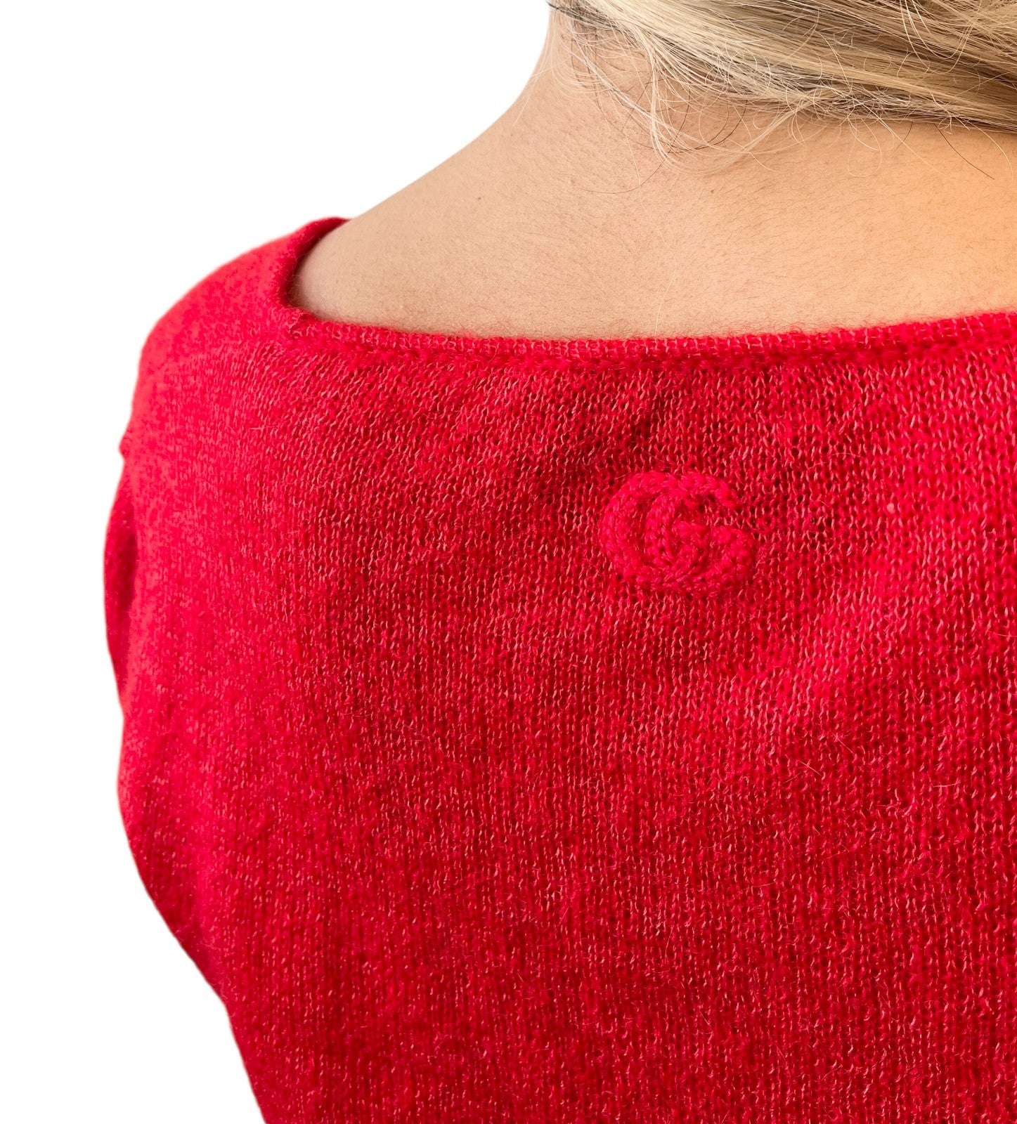 GUCCI Vintage Logo Feather Fur Trimmed Sweater Knit Top #M Red Mohair Silk Wool