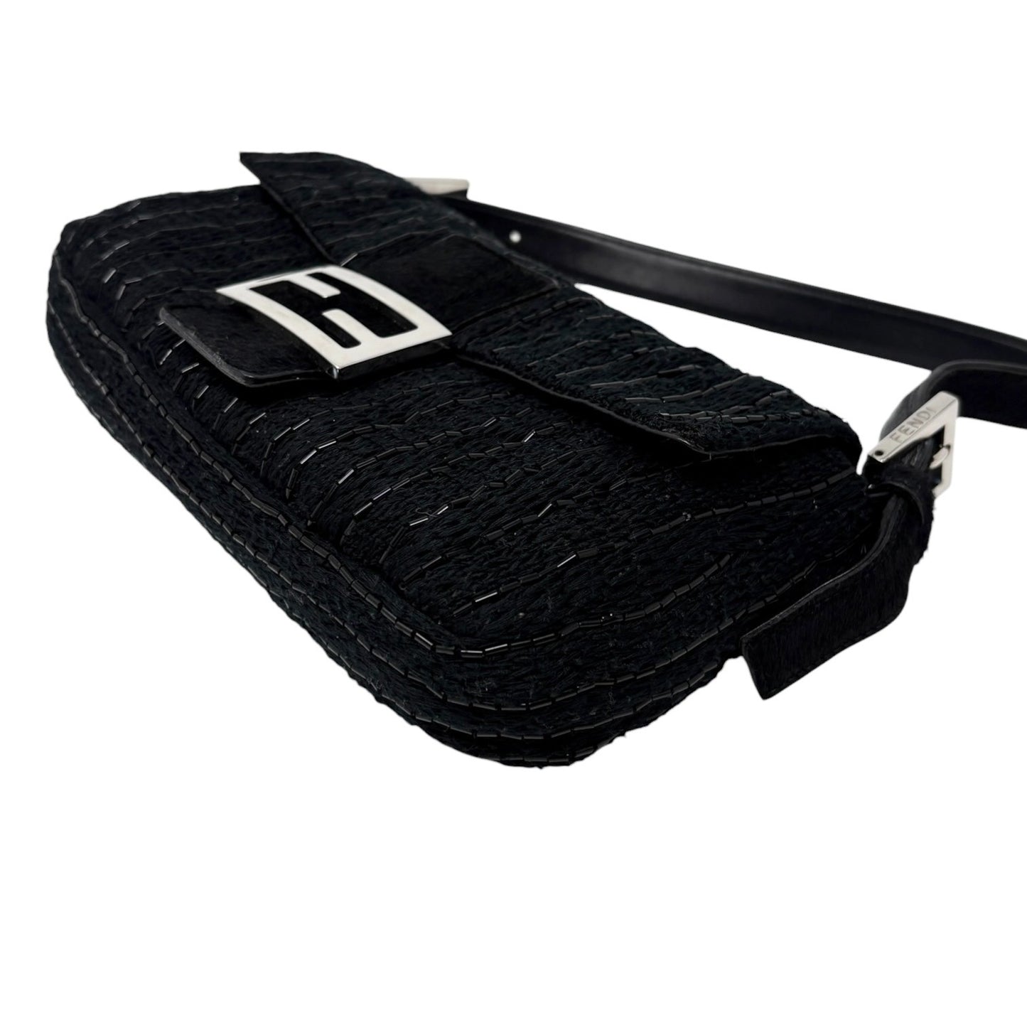 FENDI Vintage FF Logo Beads Knit Mamma Baguette Shoulder Bag Black 901891