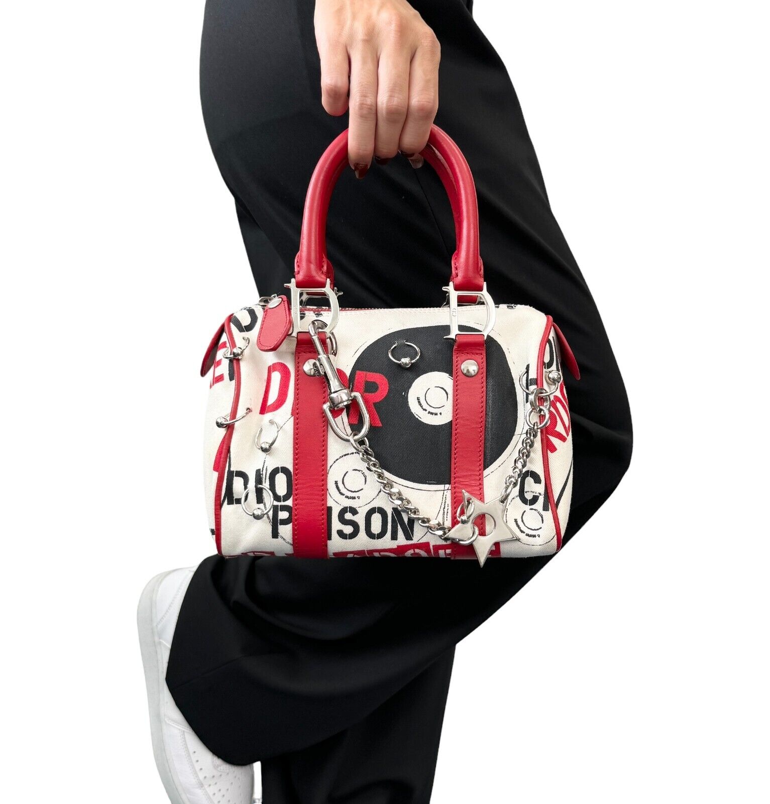 Christian Dior Vintage Logo Hard Core Mini Bowler Bag Red Cream Cotton Rank AB