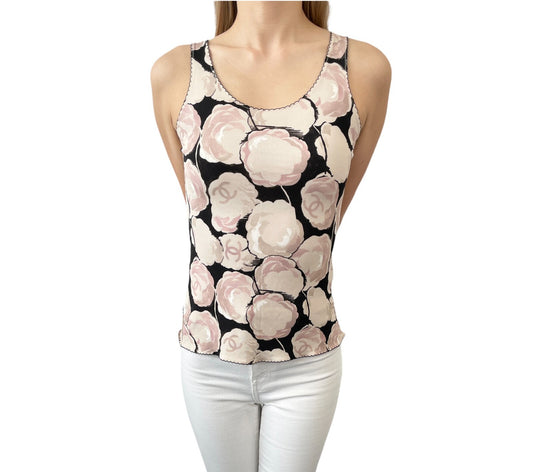 CHANEL Vintage 04A CC Camellia Logo Tank Top #38 Black Beige Pink Rayon