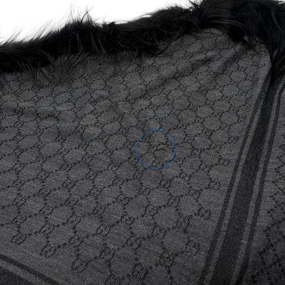 GUCCI Vintage GG Logo Monogram Fox Fur Shawl Scarf Wrap Gray Black Wool 902495