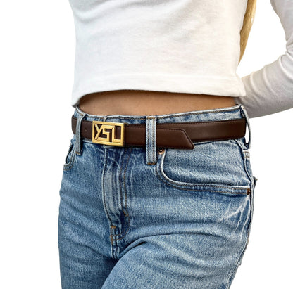 Yves Saint Laurent Vintage YSL Logo Leather Belt Brown Gold Buckle 902539