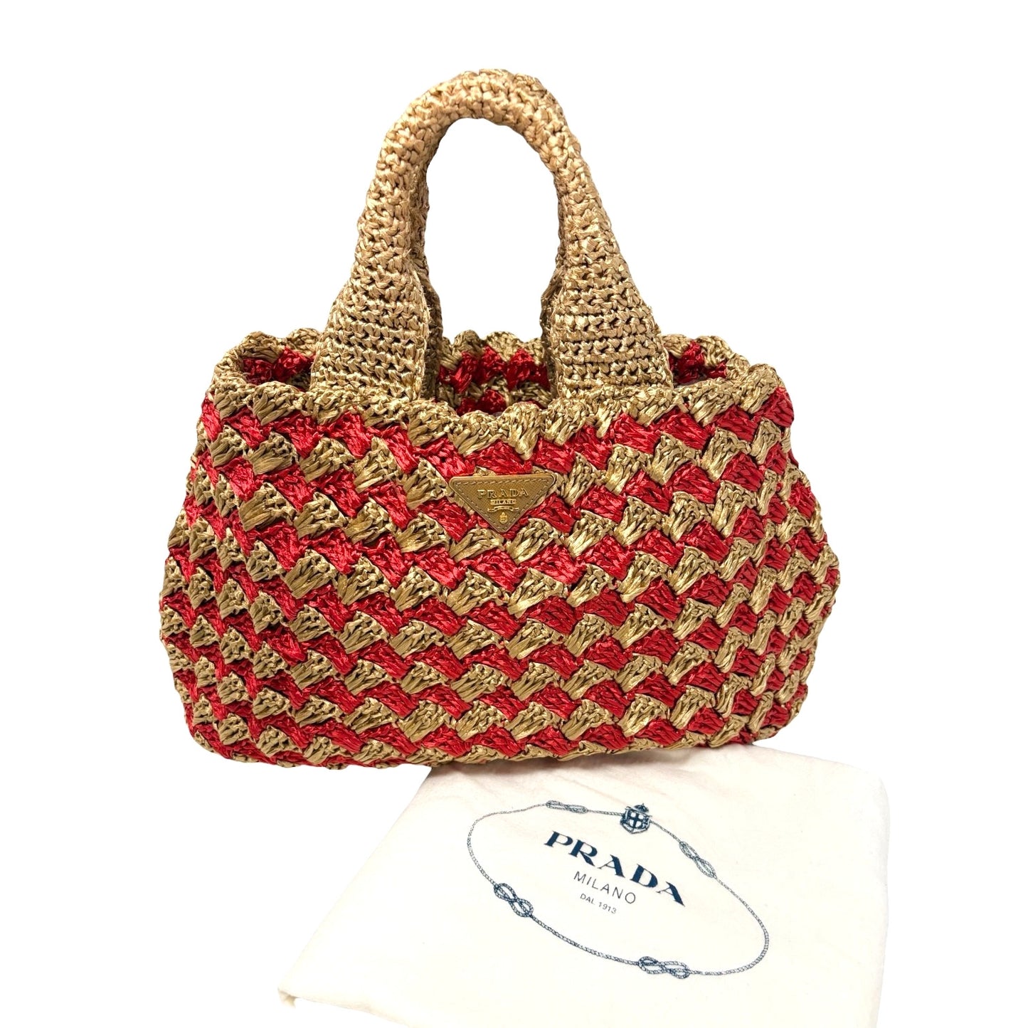 PRADA Vintage Triangle Logo Raffia Canapa Tote Bag Red Beige Gold Crochet 901970