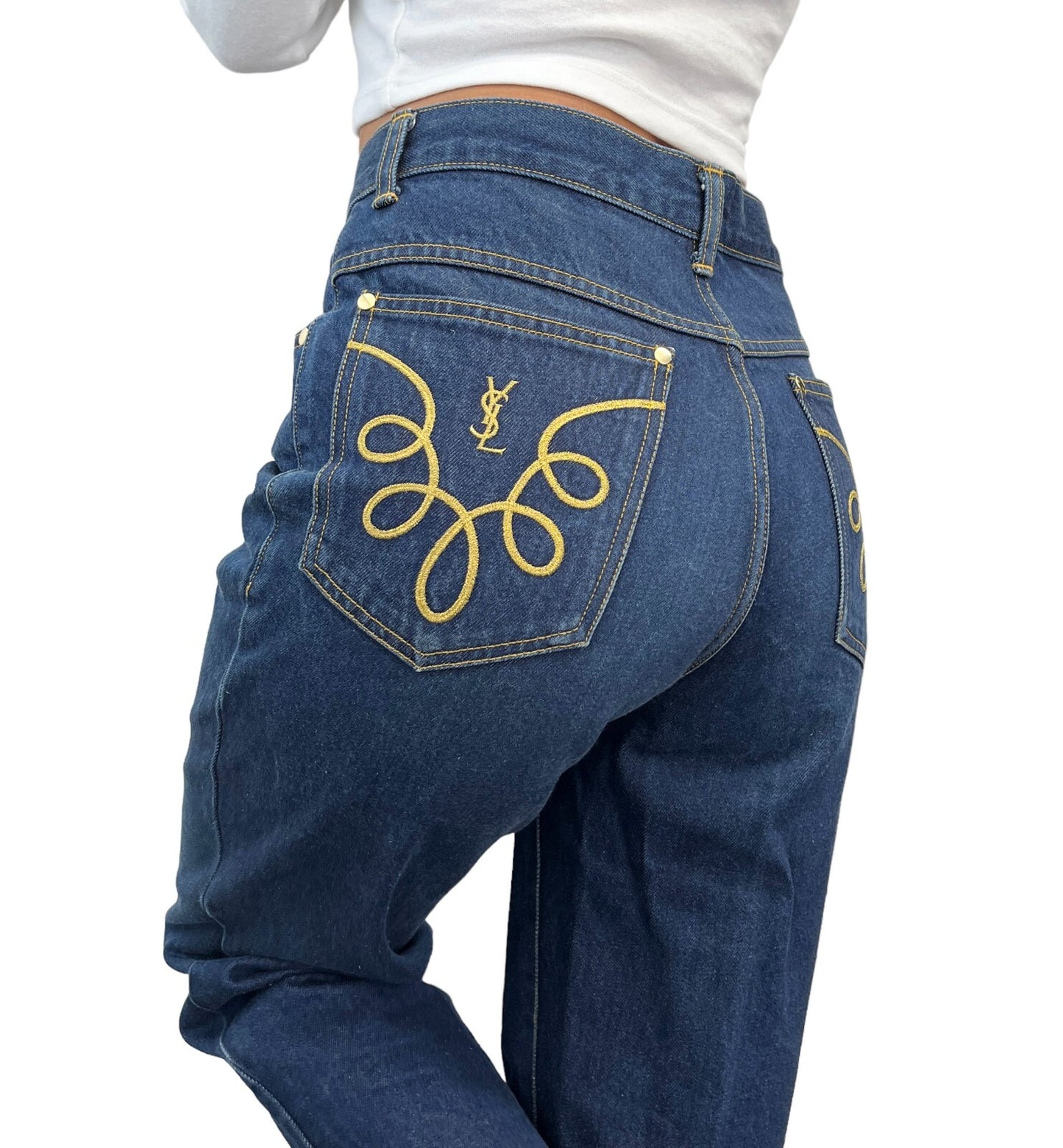 Yves Saint Laurent Vintage YSL Logo Denim Cropped Pants #40 Blue Gold Cotton