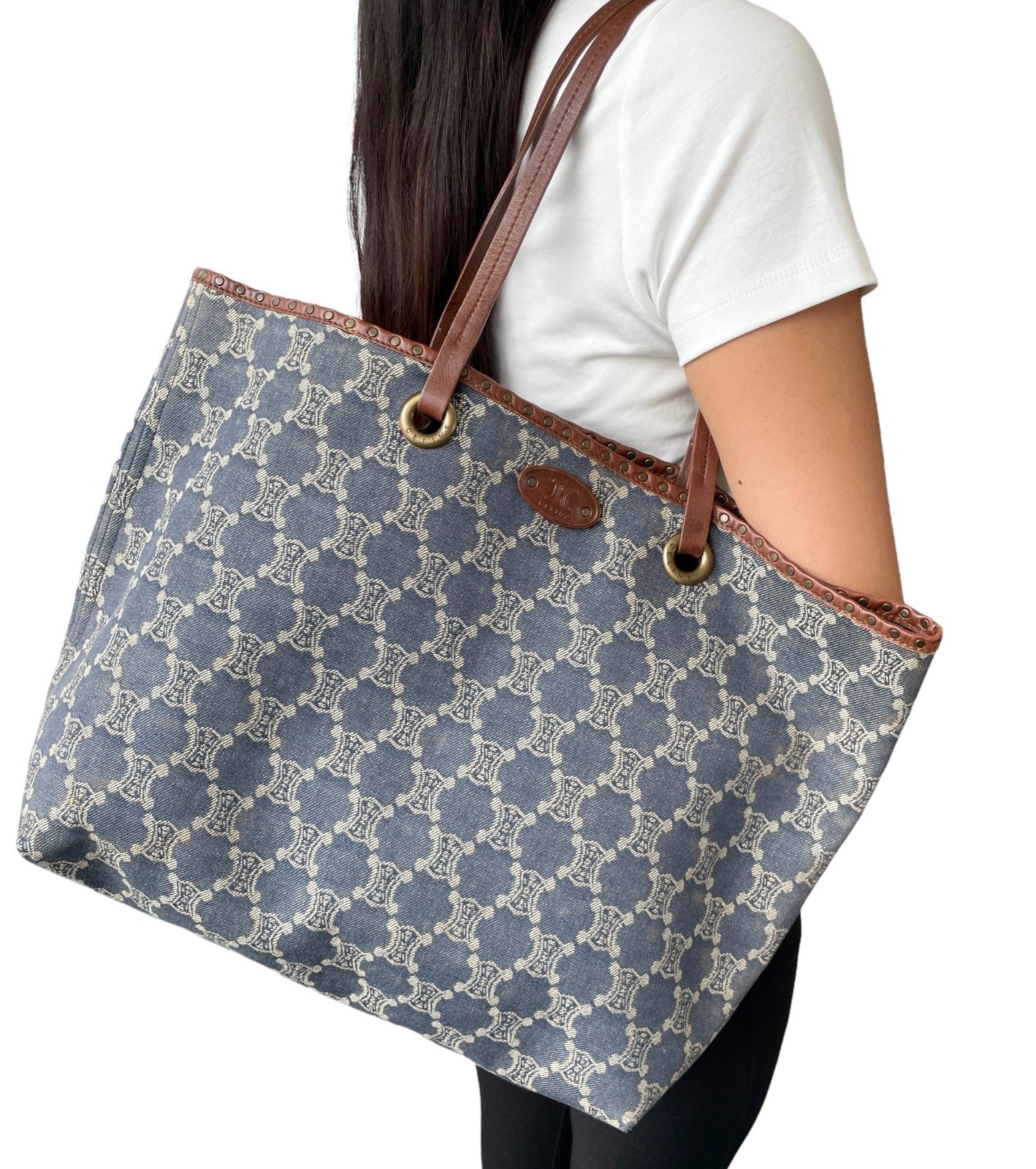 CELINE Vintage Macadam Monogram Logo Denim Tote Bag Blue Gold Cotton Leather