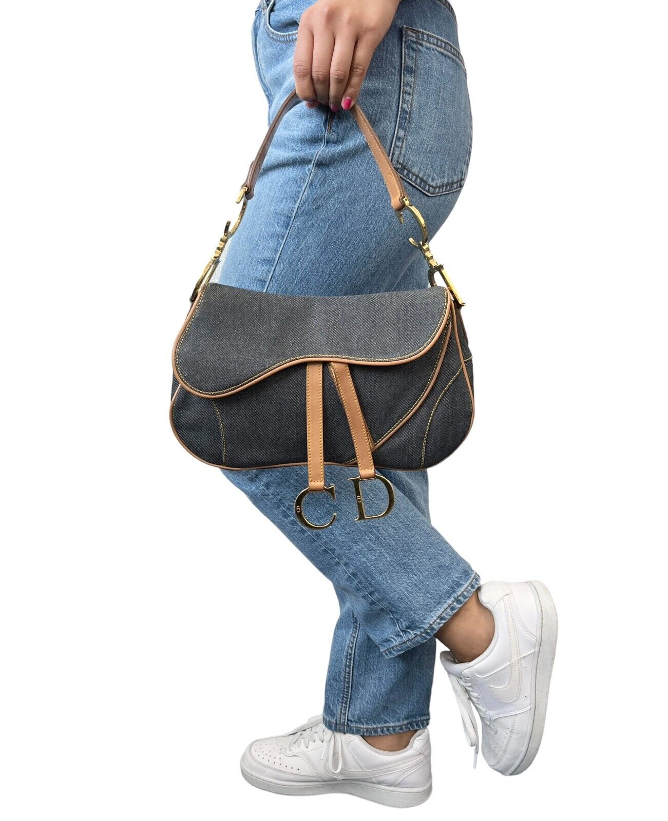 Christian Dior Vintage Double Saddle Bag Denim Dark Blue Brown Cotton Rank AB