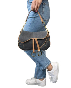 Christian Dior Vintage Double Saddle Bag Denim Dark Blue Brown Cotton Rank AB