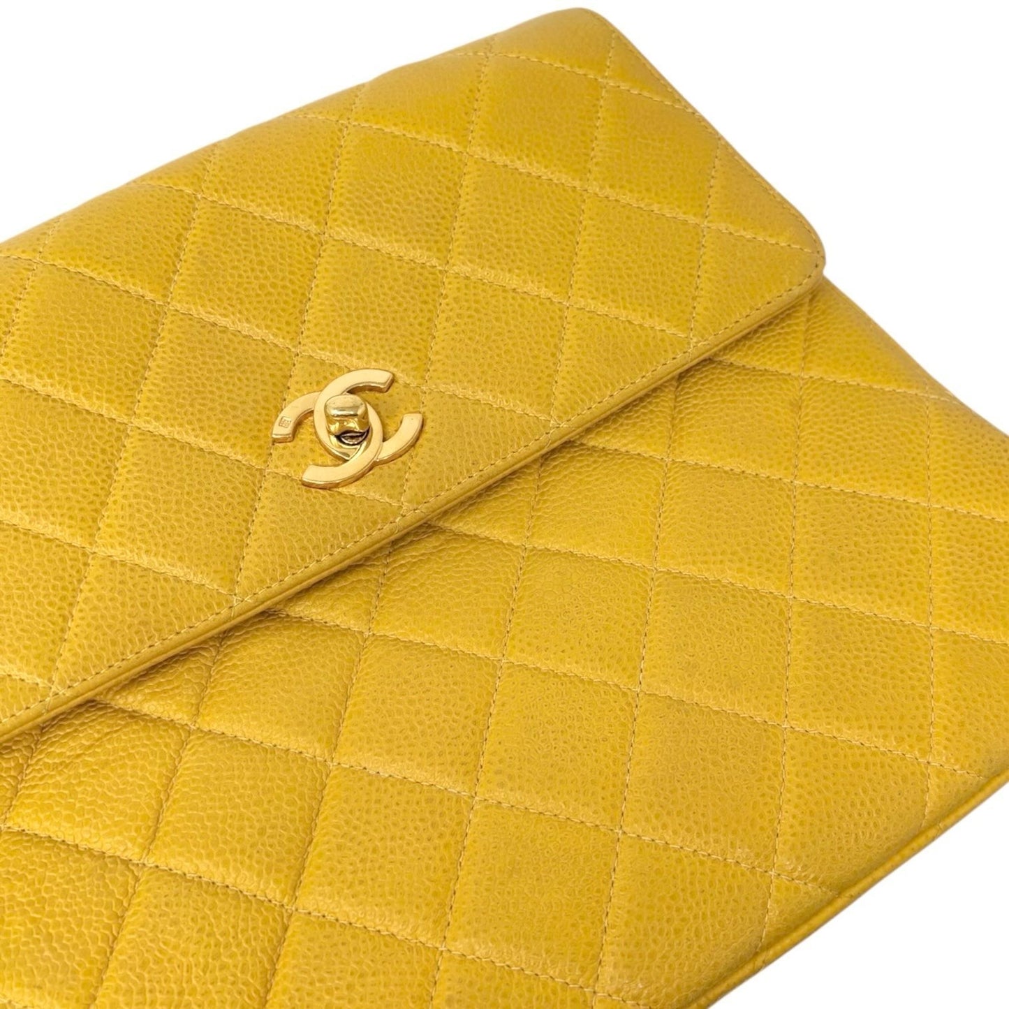CHANEL Vintage CC Logo Turnlock Quilted Flap Shoulder Bag Yellow Gold Leather