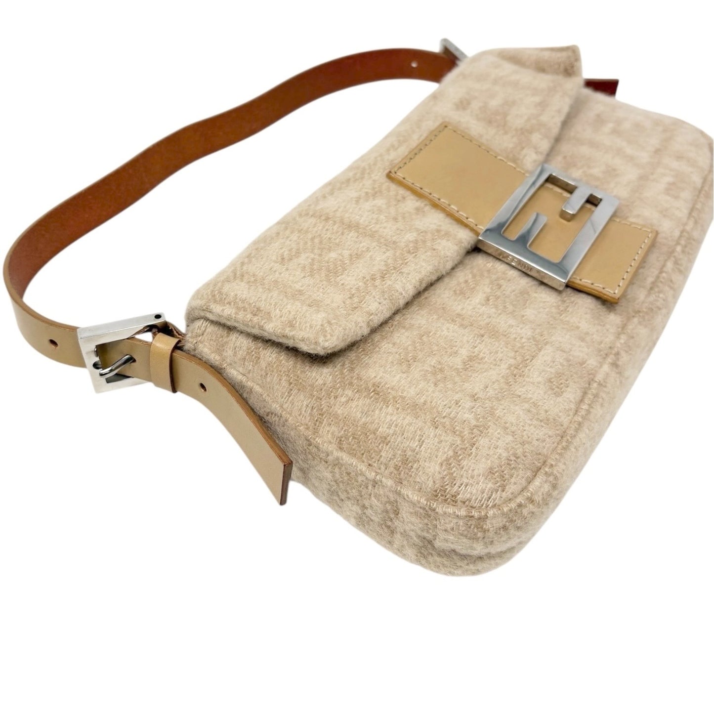 FENDI Vintage Zucca Monogram Wool Knit Mamma Baguette Shoulder Bag Beige