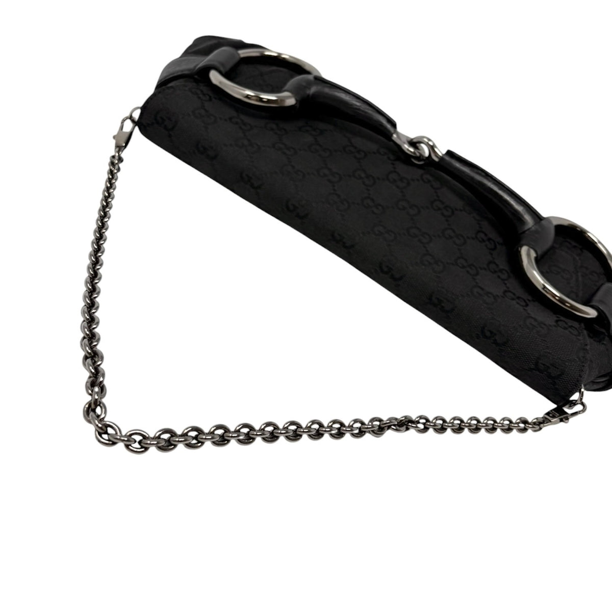 GUCCI Vintage Horsebit GG Monogram Chain Shoulder Bag Black Silver 902485