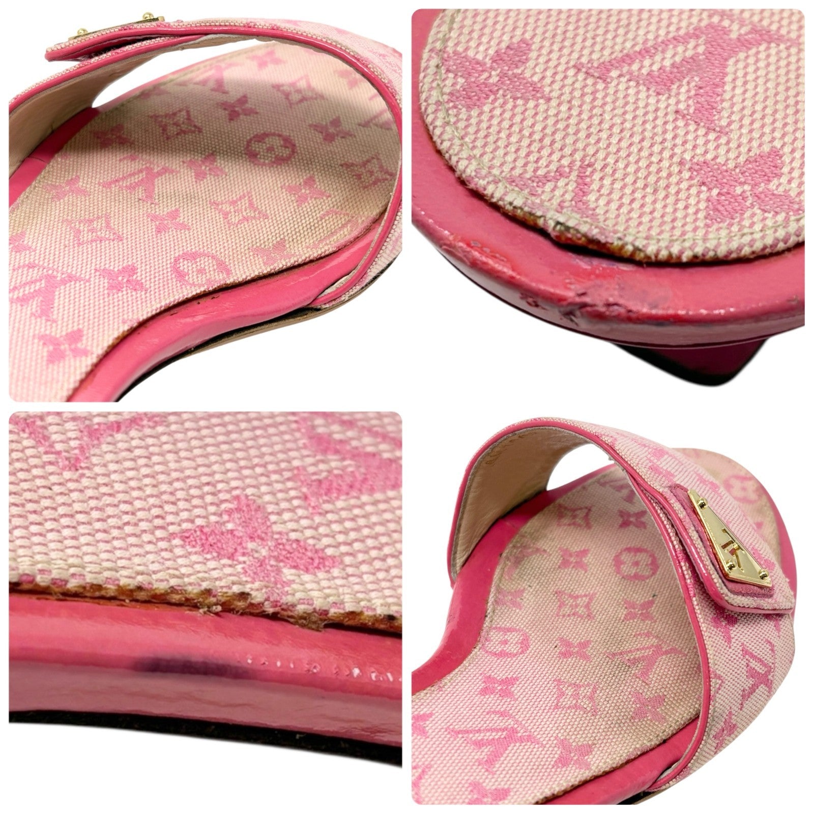 LOUIS VUITTON Vintage LV Logo Monogram Mule Sandals #37 Pink Gold Canvas