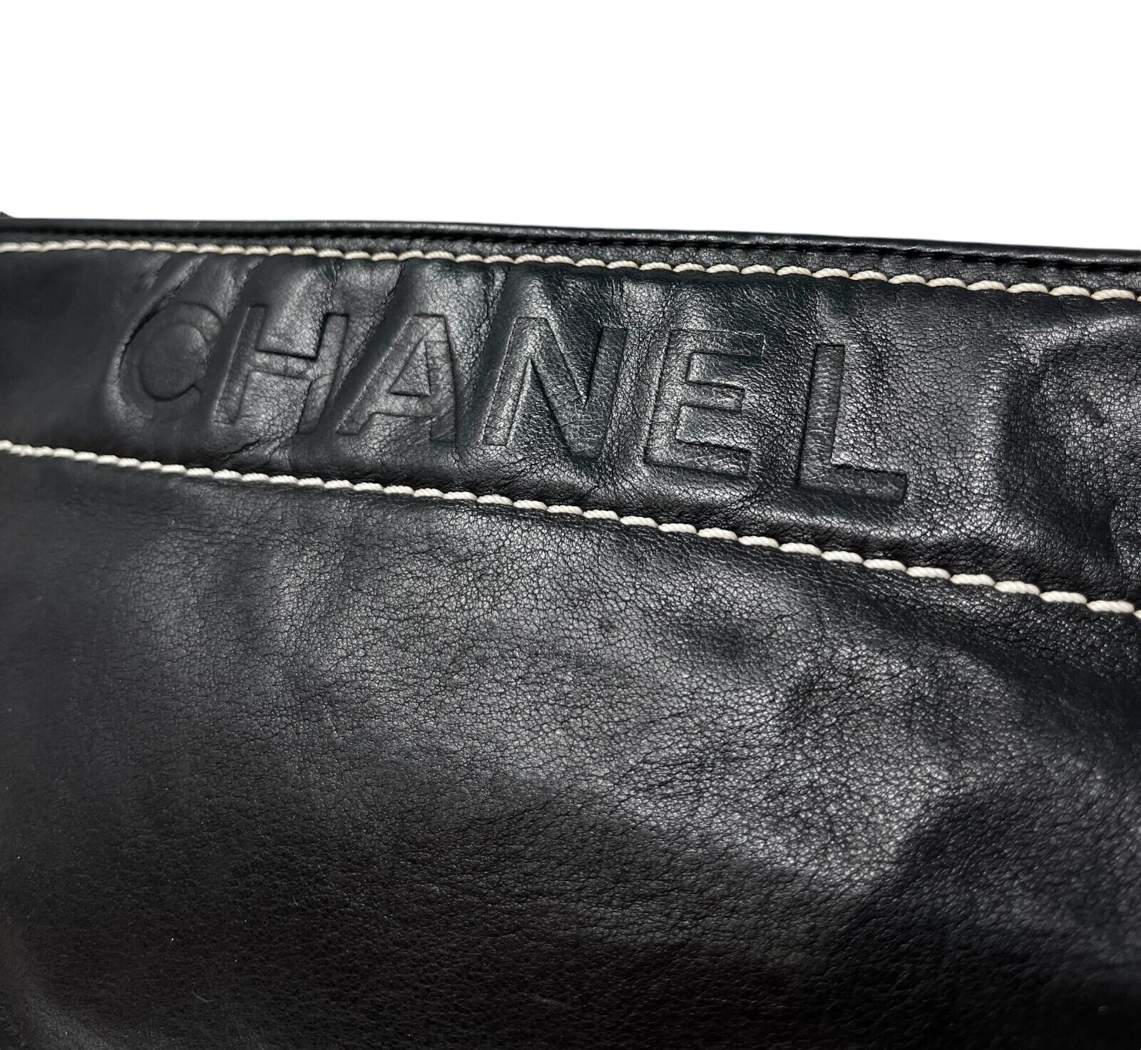 CHANEL Vintage Logo Mini Shoulder Bag Stitch Zip Chain Black Leather Rank AB