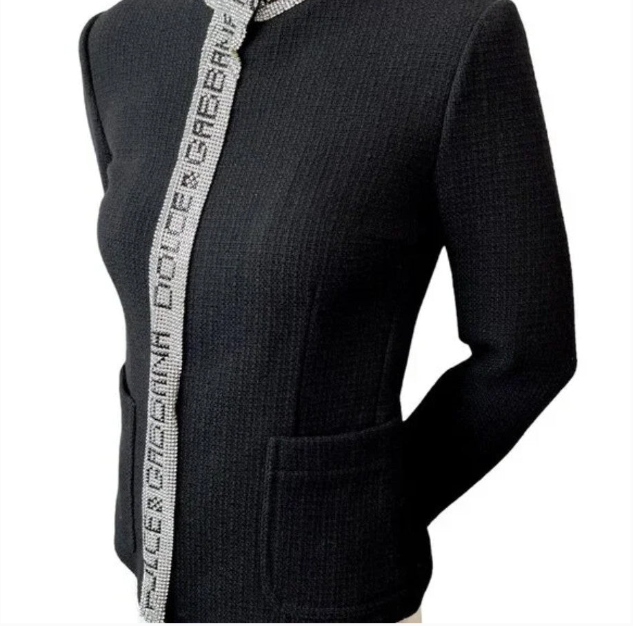 DOLCE&GABBANA Vintage Logo Rhinestone Jacket Top #38 Black Silver Wool