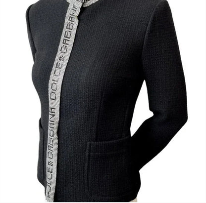 DOLCE&GABBANA Vintage Logo Rhinestone Jacket Top #38 Black Silver Wool