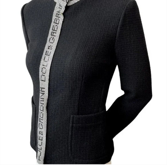 DOLCE&GABBANA Vintage Logo Rhinestone Jacket Top #38 Black Silver Wool