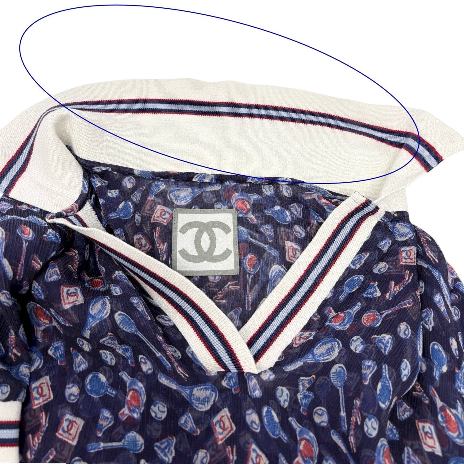 CHANEL Sport Vintage 06P Polo Shirt Top #34 Blue White Silk V-Neck Tennis