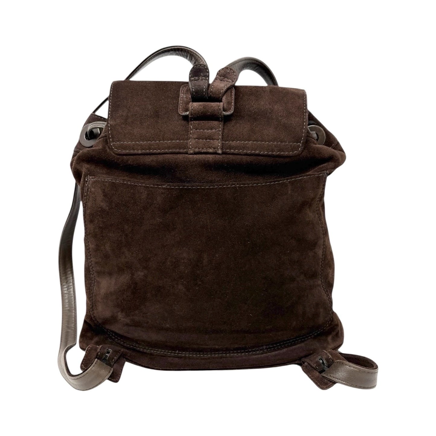 CHANEL Vintage CC Logo Suede Drawstring Flap Backpack Bag Stitch Brown Gold