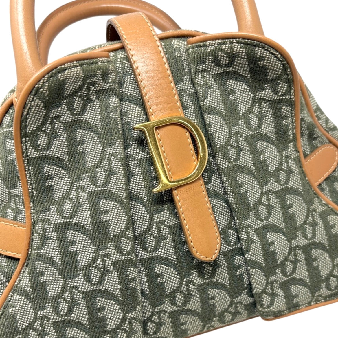 Christian Dior Vintage 2001 Logo Trotter Double Saddle Bag Green Beige Cotton