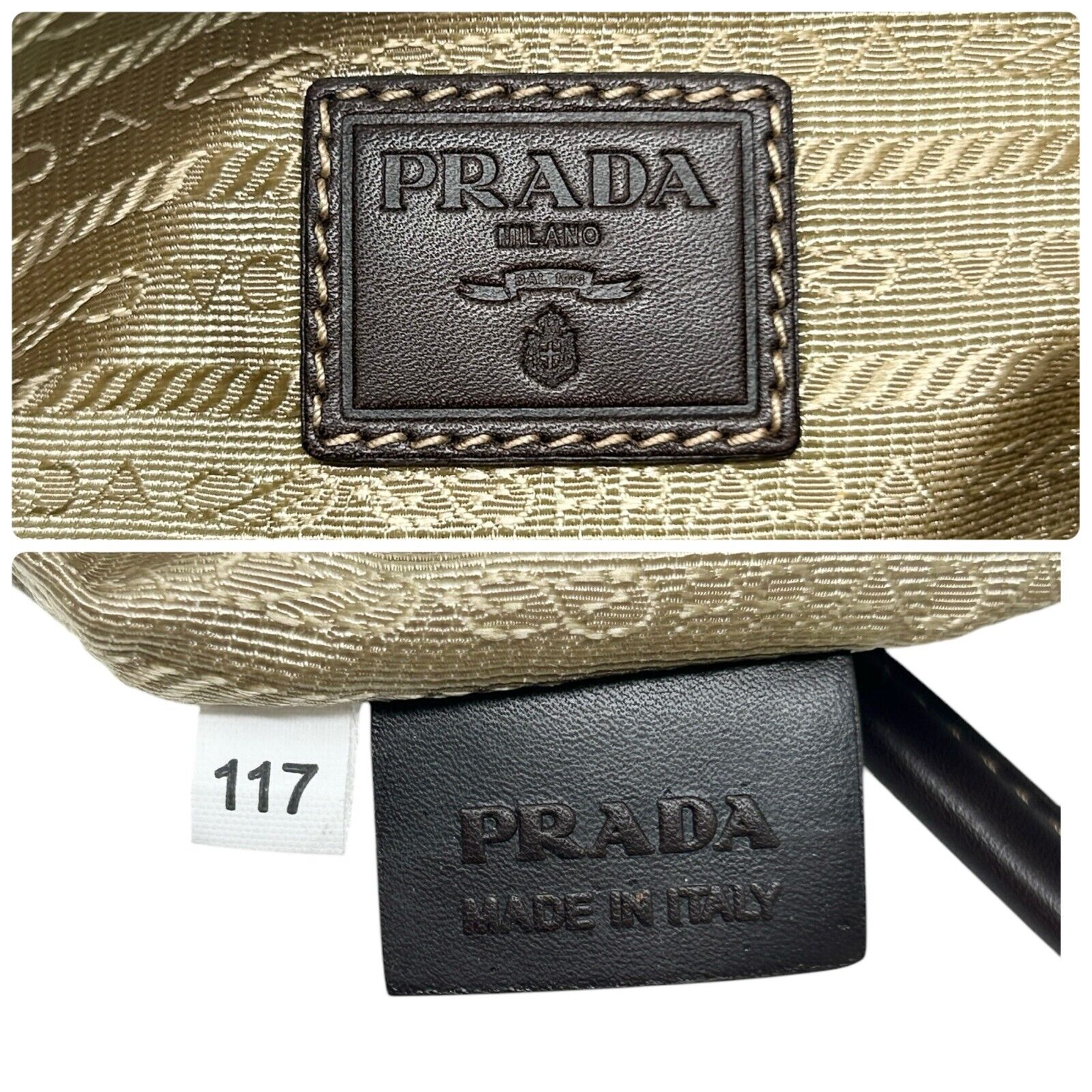 PRADA Vintage Logo Jacquard Pochette Shoulder Bag Beige Brown Cotton Zip